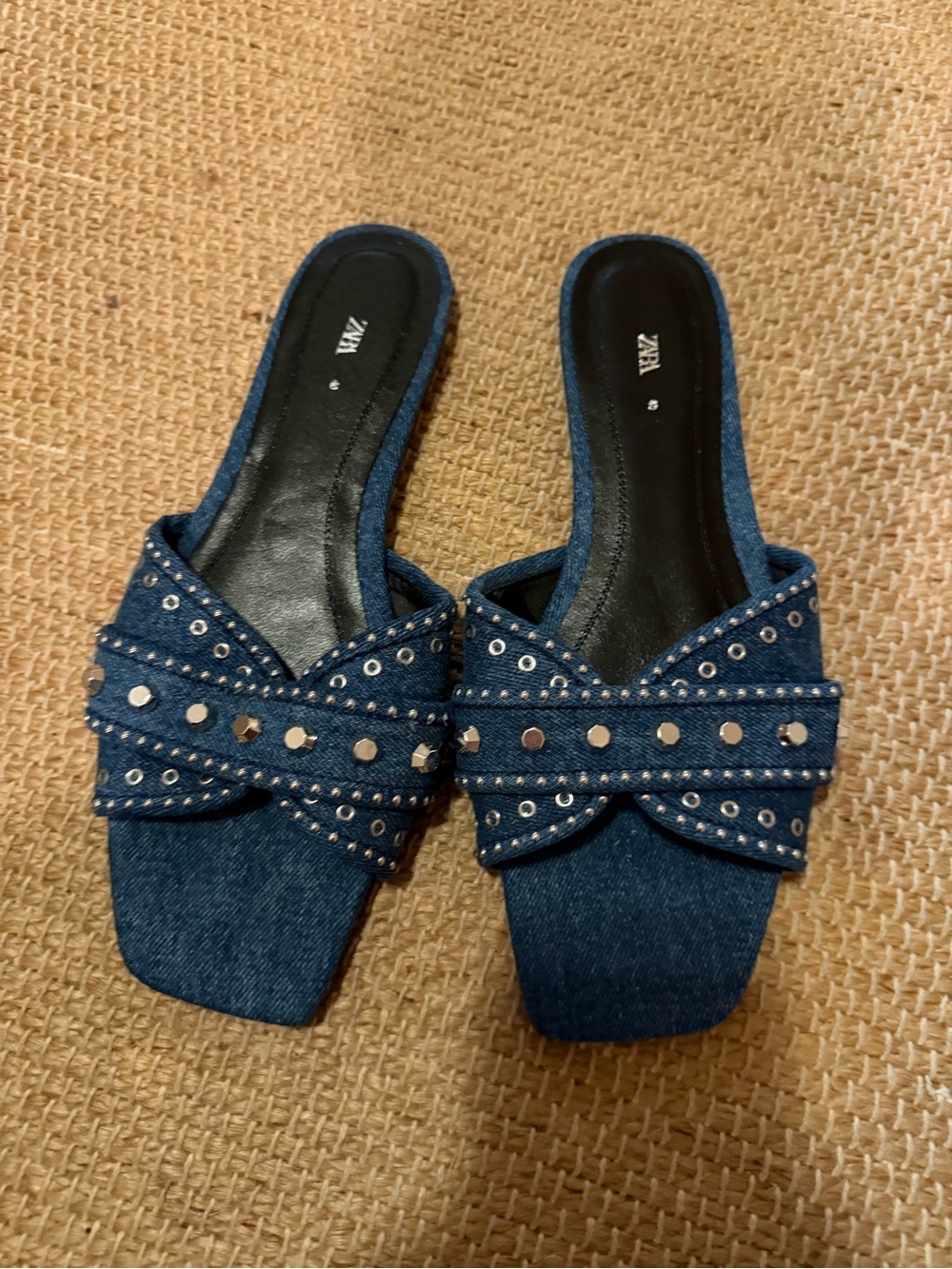 Zara Dark Blue Studded Denim Slide Mules